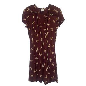 VTG Women’s Reza Burgundy w/ Leaf Print V Neck Short Sleeve Mini Dress Sz 5